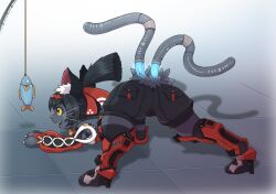  2_tails alternate_species anthro black_body black_fur black_hair felid feline female fur furrification hair hi_res mammal mihoyo multi_tail nekomiya_mana red_eyes robotic_leg solo tail vavacung zenless_zone_zero 