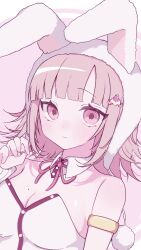  animal_ears animal_hood armlet bare_shoulders blunt_bangs blush breasts brown_hair cleavage danganronpa_(series) danganronpa_2:_goodbye_despair detached_collar fake_animal_ears female grey_background hand_up hood jewelry large_breasts leotard medium_hair mole mole_on_breast nanami_chiaki pink_eyes rabbit_ears rabbit_hood ringo_ame_no_ria simple_background solo spaceship_hair_ornament white_background 