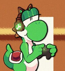  2023 anthro black_eyes cat_headphones controller datbx digital_media_(artwork) dinosaur egg electronics game_controller gaming green_body green_nose green_scales green_tail green_yoshi half-closed_eyes headphones holding_controller holding_game_controller holding_object male mario_bros multicolored_body multicolored_scales narrowed_eyes nintendo playing_video_game prehistoric_species reptile saddle scales scalie smile solo standing tail two_tone_body two_tone_scales white_body white_scales yoshi yoshi_(character) 