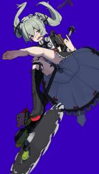  bloomers blue_background boots circular_saw feet floating_hair green_hair hair_between_eyes highres holding holding_weapon long_hair looking_at_viewer maid maid_headdress open_mouth purple_eyes saw shulanshu single_barefoot single_boot soles twintails unworn_footwear upskirt weapon zenless_zone_zero 