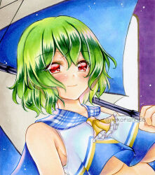  alternate_costume ascot bare_shoulders blue_umbrella breasts cheerleader commentary_request female green_ahir holding holding_umbrella kazami_yuuka kazami_yuuka_(cheerleader_of_the_four_seasons) large_breasts looking_at_viewer marker_(medium) nekofish666 red_eyes short_hair solo touhou touhou_lostword traditional_media twitter_username two-tone_umbrella umbrella underboob upper_body white_umbrella yellow_ascot 