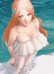  bare_arms bare_shoulders barefoot bleach blue_flower breasts cleavage closed_mouth collarbone dress female flower frilled_dress frills from_above gekkousha hair_flower hair_ornament highres inoue_orihime large_breasts long_hair looking_at_viewer orange_eyes orange_hair parted_bangs pool see-through see-through_skirt skirt smile solo sparkle white_dress 