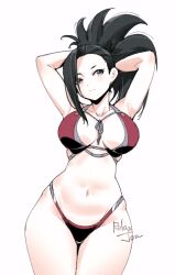  alternate_costume arms_up artist_name black_eyes black_hair boku_no_hero_academia breasts cleavage closed_mouth commentary_request female hair_pulled_back highres large_breasts long_hair looking_at_viewer navel ponytail relaxjon simple_background solo thighs white_background yaoyorozu_momo 