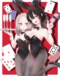  2girls ace_(playing_card) animal_ears black_bow black_bowtie black_hair black_leotard blush bonnouji_momoha bow bowtie breasts card champagne_flute cleavage cup detached_collar drinking_glass fake_animal_ears fishnet_pantyhose fishnets frown grey_hair hand_on_another&#039;s_hip high_heels highres holding holding_card holding_tray kikka_1003 kimi_no_koto_ga_dai_dai_dai_dai_daisuki_na_100-nin_no_kanojo large_breasts leg_up leotard medium_hair meido_mai multiple_girls oerba_yun_fang pantyhose playboy_bunny playing_card rabbit_ears red_eyes smile standing standing_on_one_leg strapless strapless_leotard tray yellow_eyes 