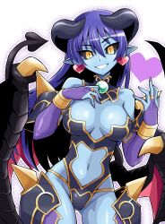  astaroth_(shinrabanshou) black_sclera blue_hair blue_skin breasts bridal_gauntlets colored_sclera colored_skin contrapposto demon_girl demon_horns demon_tail demon_wings earrings elbow_gloves female fingernails gloves grin heart heart_earrings highres horns jewelry looking_at_viewer medium_breasts navel pointy_ears sharp_fingernails shinrabanshou slit_pupils smile solo tail usoco wings yellow_eyes 