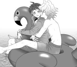  2boys absurdres ahoge blush danganronpa_(series) danganronpa_2:_goodbye_despair danganronpa_s:_ultimate_summer_camp from_side highres hinata_hajime hood hooded_jacket hug hug_from_behind inflatable_flamingo jacket komaeda_nagito looking_at_another male_focus male_swimwear messy_hair multiple_boys official_alternate_costume okonomiyakiyyy1 profile short_hair sweatdrop teeth water wet 