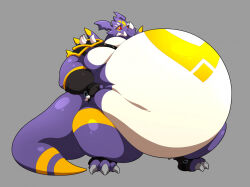  2022 3_toes anthro bandai_namco belly big_belly claws clothing countershading digimon digimon_(species) dragoneer_(character) fatsomon feet fingerless_gloves gloves handwear horn huge_belly love_handles male markings moobs murasadramon obese obese_anthro obese_male overweight overweight_anthro overweight_male purple_body red_eyes shark_teeth shoulder_pads solo spiked_shoulder_pads spikes standing tail thick_tail thick_thighs toes white_belly yellow_markings 