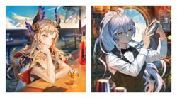  2girls alcohol alternate_costume bartender black_bow black_dress black_vest blonde_hair blue_sky border bow braid collared_shirt cup dress dress_shirt drinking_glass granblue_fantasy hand_on_own_chin head_wings high_ponytail highres ice ice_cube jacket jacket_on_shoulders jewelry long_hair looking_at_another lu&quot; mixing multiple_girls necklace open_mouth shaking shirt silva_(granblue_fantasy) sitting sky smile table tweyen_(granblue_fantasy) twin_braids vest wavy_hair white_border white_hair white_shirt wings wooden_floor yellow_eyes 