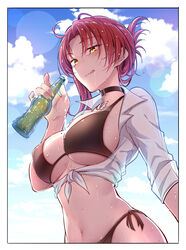  absurdres bikini black_bikini blush bottle breasts brown_eyes choker day fei_luo_mao female front-tie_top highres honkai_(series) honkai_impact_3rd large_breasts looking_at_viewer medium_hair mole mole_on_breast murata_himeko navel outdoors red_hair shirt side-tie_bikini_bottom smile solo string_bikini swimsuit tattoo upper_body wet wet_clothes wet_shirt 