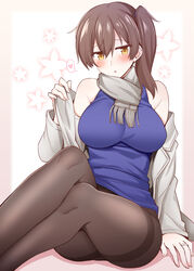  bare_shoulders black_pantyhose blush breasts brown_hair clothes_grab commentary_request dress female floral_background hair_between_eyes heart jacket jacket_grab jewelry kaga_(kancolle) kantai_collection knees_up large_breasts looking_at_viewer open_clothes open_jacket open_mouth orange_eyes pantyhose purple_shirt revision ring rui_shi_(rayze_ray) scarf shirt short_hair side_ponytail sidelocks simple_background sitting sleeveless sleeveless_shirt solo spoken_heart thighband_pantyhose turtleneck 