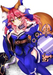  absurdres animal_ear_fluff animal_ears bare_shoulders blue_kimono blue_ribbon blue_thighhighs breasts cleavage commentary_request detached_sleeves fate/extra fate/grand_order fate_(series) female fox_ears fox_girl fox_tail hair_ribbon hand_on_own_chest highres japanese_clothes kimono large_breasts looking_at_viewer mikasumi mirror oerba_yun_fang pink_hair ribbon skin_fang solo suiten_nikkou_amaterasu_yanoshisu_ishi tail tamamo_(fate) tamamo_no_mae_(fate/extra) thighhighs yellow_eyes 