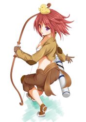  animal_on_head bird bird_on_head bow_(weapon) bra brown_footwear brown_gloves brown_jacket brown_shorts commentary female full_body gloves highres holding holding_bow_(weapon) holding_weapon jacket kurohachiboku long_sleeves looking_back on_head open_mouth purple_eyes ragnarok_online red_hair shoes short_hair shorts shrug_(clothing) simple_background solo thief_(ragnarok_online) underwear weapon white_background white_bra 