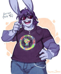  2023 aged_up anthro arthur_(lapinbeau) bottomwear chains clothing cross denim denim_bottomwear denim_clothing domestic_rabbit eyewear flemish_giant fur hair hand_on_hip inverted_cross jeans lagomorph lapinbeau leporid male mammal muscular muscular_male oryctolagus pants purple_body purple_fur purple_hair rabbit shirt signature solo sunglasses t-shirt the_sisters_of_mercy toothpick topwear 