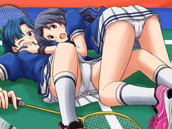  2girls accidental_pervert ass badminton badminton_racket black_hair blouse blue_hair blue_shirt commentary commentary_request commission cross-laced_footwear crotch_seam double_horizontal_stripe frown grabbing grabbing_another&#039;s_breast idolmaster idolmaster_million_live! kneeling lielos long_hair looking_at_another lying miniskirt multiple_girls nanao_yuriko on_back one_eye_closed open_mouth panties partial_commentary pink_footwear pixiv_commission pleated_skirt racket red_eyes shirt shoes short_sleeves shuttlecock single_horizontal_stripe skirt sneakers sportswear spread_legs straddling takayama_sayoko tennis_court tennis_uniform underwear white_panties white_skirt wristband yellow_eyes yuri 