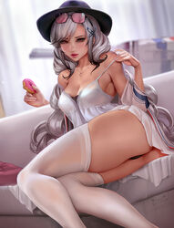  artist_logo artist_name ass azur_lane bad_id bad_pixiv_id blush breasts butterfly_hair_ornament cleavage commentary deviantart_username dress dunkerque_(afternoon_venus)_(azur_lane) dunkerque_(azur_lane) english_commentary eyewear_on_head female grey_hair hair_ornament hat jacket jewelry kittew large_breasts long_hair looking_at_viewer necklace official_alternate_costume panties patreon_username red_eyes sidelocks sitting solo strap_slip sunglasses thighhighs thighs underwear web_address white_dress white_jacket white_thighhighs 