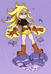  aqua_eyes belt black_shirt blonde_hair boots brown_footwear brown_gloves commentary dc_comics female gloves highres long_hair midriff navel parted_lips rock shadow shirt short_sleeves shorts solo teen_titans teen_titans_go! terra_(dc) very_long_hair yellow_shorts yuta_agc 