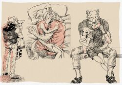  ai_(beastars) anthro arm_around_waist arm_grab arm_hug arms_around_waist arms_bent bear beastars bedding bedding_background bent_arm bent_legs bite_mark black_and_white black_nose blood bodily_fluids bottomwear breasts brown_bear canid canine carrying_another clock closed_eyes clothed clothing clothing_pull double_shoulder_grab dress duo extended_arm face_in_breasts female footwear forearms fox fur grabbing_shoulders hand_on_another&#039;s_shoulder hand_on_leg hand_on_shoulder hand_on_thigh hands_on_another&#039;s_shoulders hands_on_arm hands_on_shoulders head_on_pillow hi_res hickey hug jacket joze_osaka kiss_mark knees_together larger_male leg_grab legs_together lifting_up looking_at_another looking_at_partner looking_away looking_down lying male male/female mammal manspreading monochrome on_side open_mouth pants pillow raised_hand riz_(beastars) romantic romantic_couple shirt shirt_pull shoes shorts sitting size_difference sleeping smaller_female sneakers standing straight_legs sweat sweatdrop thigh_grab tibetan_sand_fox toeless_footwear toeless_shoes topwear topwear_pull true_fox tucked_arm ursine watch 