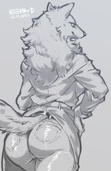  2022 anthro artist_name ass belt biped bottomwear canid canine canis clothed clothed_anthro clothed_female clothing coat dated denim denim_bottomwear denim_clothing digital_drawing_(artwork) digital_media_(artwork) eyelashes female fingers fluffy fluffy_tail fully_clothed fur fur_tuft glistening glistening_belt glistening_bottomwear glistening_clothing glistening_eyes glistening_jeans glistening_nose greyscale hand_on_hip hand_on_own_hip head_tuft hi_res jeans kemono long_eyelashes looking_at_viewer looking_back looking_back_at_viewer mammal monochrome neck_tuft pants pockets portrait prick_ears pupils sigma-d smile smiling_at_viewer smirk smirking_at_viewer snout solo tail text three-quarter_portrait three-quarter_view tight_bottomwear tight_clothing tight_jeans tight_pants topwear trenchcoat tuft walking white_text wolf 