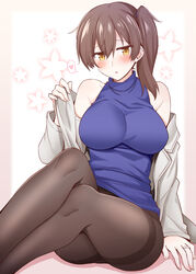  bare_shoulders blush breasts brown_hair clothes_grab commentary dress female floral_background hair_between_eyes heart jacket jacket_grab jewelry kaga_(kancolle) kantai_collection knees_up large_breasts looking_at_viewer md5_mismatch open_clothes open_jacket open_mouth orange_eyes pantyhose purple_shirt ring rui_shi_(rayze_ray) shirt short_hair side_ponytail sidelocks simple_background sitting sleeveless sleeveless_shirt solo spoken_heart thighband_pantyhose turtleneck 