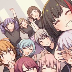  &gt;_&lt; 6+girls :&gt; :d :i \o/ ^_^ aiba_aina aoba_moca aqua_hair arms_up ayasaka bad_id bad_twitter_id bang_dream! black_hair black_shirt blonde_hair bob_cut braid brown_hair clapping closed_eyes commentary covering_another&#039;s_eyes grey_hair grin group_picture hair_ornament hazawa_tsugumi hikasa_youko hikawa_hina ichigaya_arisa itou_ayasa kanemoto_hisako katou_emiri kitazawa_hagumi long_hair looking_at_viewer minato_yukina misawa_sachika mitake_ran multicolored_hair multiple_girls open_mouth orange_hair outstretched_arms ozawa_ari photo-referenced pink_hair purple_hair purple_skirt red_hair sakura_ayane sakuragawa_megu shirt short_hair side_braids skirt smile streaked_hair twintails udagawa_ako udagawa_tomoe uehara_himari v voice_actor_connection waving x_hair_ornament yoshida_yuuri 