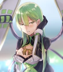  adjusting_hair armor black_gloves blunt_bangs blurry blurry_background cleavage_cutout clothing_cutout female fur_trim gloves green_eyes green_hair green_sash half-closed_eyes highres hizamaru_(tenka_hyakken) japanese_armor kote long_hair onasu_(sawagani) parted_lips raised_eyebrows rope sash short_sleeves shoulder_armor sode teeth tenka_hyakken water_drop wet wet_hair 