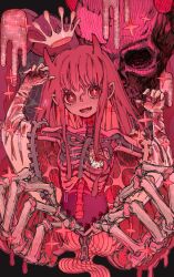  commentary_request cross-shaped_pupils fangs female floating_crown hariopipixxx highres horns intestines long_hair looking_at_viewer original pink_hair pink_theme pointy_ears red_eyes see-through_body skull solo symbol-shaped_pupils upper_body zipper 