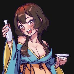  aqua_kimono blush bonnouji_momoha bottle breasts brown_eyes brown_hair cleavage cup female heart heart_in_eye highres holding holding_bottle holding_cup japanese_clothes kimi_no_koto_ga_dai_dai_dai_dai_daisuki_na_100-nin_no_kanojo kimono large_breasts long_hair obi oerba_yun_fang off_shoulder open_mouth orange_sash sakazuki sano_ikiro sash solo symbol_in_eye tokkuri upper_body 