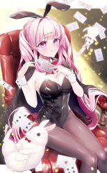  ace_(playing_card) ace_of_hearts animal animal_ears black_capelet black_leotard black_pantyhose blunt_bangs blurry bokeh bow bowtie breasts capelet card chair cleavage closed_mouth commentary_request confetti covered_navel cross-laced_clothes depth_of_field detached_collar dot_nose fake_animal_ears female fishnet_pantyhose fishnets fork_hair_ornament four_of_clubs hair_ornament hand_up heart highleg highleg_leotard highres knees_together_feet_apart latex latex_leotard leotard light_blush looking_at_viewer medium_breasts mochiro_chio nine_of_spades original pale_skin pantyhose pink_eyes pink_hair pink_pantyhose playboy_bunny playing_card rabbit red_bow red_bowtie shadow sitting six_of_spades smile solo spoon_hair_ornament strapless strapless_leotard ten_of_hearts thigh_gap three_of_diamonds tongue tongue_out triangle_mouth twintails wrist_cuffs 