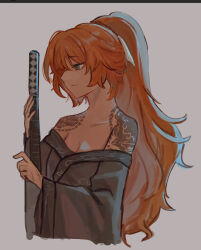  black_kimono breasts closed_mouth cloud_tattoo female high_ponytail highres holding holding_sword holding_weapon ishid0ru ishmael_(project_moon) japanese_clothes katana kimono kurokumo_clan_(identity)_(project_moon) limbus_company long_hair looking_to_the_side medium_breasts orange_hair project_moon simple_background solo sword upper_body very_long_hair weapon white_background 