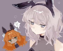  !? 2girls animal_ears black_hairband black_leotard blush bow closed_mouth faust_(project_moon) grey_background hairband hairbow highres ishmael_(project_moon) kyururirin leotard limbus_company long_hair looking_at_viewer multiple_girls orange_hair project_moon rabbit_ears short_hair sidelocks simple_background very_long_hair white_bow white_hair 