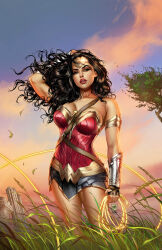  absurdres arm_behind_head armlet artist_logo black_hair breasts brown_eyes circlet cleavage cloud day dc_comics female grass highres holding_lasso jewelry lasso lasso_of_truth long_hair looking_at_viewer mike_krome outdoors parted_lips red_lips solo strapless superhero_costume tree vambraces wonder_woman wonder_woman_(series) 