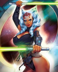  ahsoka_tano alien blue_eyes breasts cleavage dark-skinned_female dark_skin dual_wielding elias_chatzoudis energy_sword facial_mark female green_lightsaber highres holding holding_lightsaber large_breasts lightsaber looking_at_viewer red_lips solo star_wars sword togruta weapon 