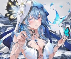  aimu_(angry9565) artist_name blue_butterfly blue_veil breasts bug butterfly butterfly_on_hand cleavage collarbone dress female hair_between_eyes hands_up highres large_breasts long_hair looking_at_viewer parted_lips purple_eyes sidelocks solo tacet_mark_(wuthering_waves) the_shorekeeper_(wuthering_waves) two-tone_veil upper_body white_dress white_veil wuthering_waves 