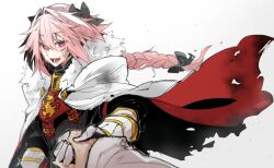  1boy astolfo_(fate) black_bow black_sweater blush bow braid burnt_clothes cape dress_shirt fate/apocrypha fate_(series) fur-trimmed_cape fur_trim gauntlets gorget hair_between_eyes hair_intakes hairbow haoro highres holding_hands long_braid long_hair lower_teeth_only male_focus multicolored_hair oerba_yun_fang open_mouth otoko_no_ko pink_hair pov pov_hands purple_eyes shirt sieg_(fate) simple_background single_braid skin_fang smile streaked_hair sweater teeth torn_cape torn_clothes two-sided_cape two-sided_fabric two-tone_hair upper_body white_background white_cape white_hair white_shirt 