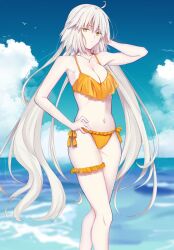  adjusting_hair ahoge bird breasts cleavage cloud collarbone fate/grand_order fate_(series) female frills halterneck highres iro_(sekaixiro) jeanne_d&#039;arc_alter_(fate) jewelry jitome long_hair looking_at_viewer navel necklace ocean pale_skin solo swimsuit thigh_strap very_long_hair white_hair yellow_eyes 