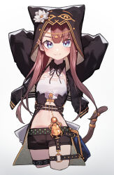  absurdres ankh arknights arms_behind_head beudelb black_jacket black_shorts blue_eyes blush brown_hair cat_tail circlet closed_mouth commentary cropped_legs female flower highres hood hood_up jacket jewelry long_hair long_sleeves looking_at_viewer midriff navel pepe_(arknights) shorts simple_background smile solo tail tail_ornament tail_ring thighlet v-shaped_eyebrows vest waistcoat white_background white_flower 