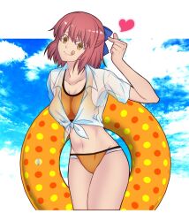  :q alternate_costume bikini blue_sky cloud collarbone commentary_request day female hair_between_eyes hair_ribbon highres hirakawa kohaku_(tsukihime) medium_hair melty_blood navel orange_bikini outdoors outside_border red_hair ribbon see-through see-through_shirt shirt sky smile standing swim_ring swimsuit tied_shirt tongue tongue_out tsukihime tsukihime_(remake) type-moon wet wet_clothes wet_shirt white_shirt yellow_eyes 