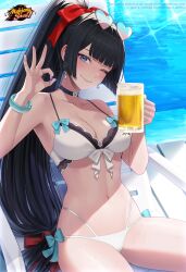  absurdres alcohol beer beer_mug bikini black_hair blue_bow blue_eyes blue_nails bow bracelet breasts chimachi choker cleavage collarbone copyright_name cowboy_shot cup deck_chair diffraction_spikes earrings eyewear_on_head female hairbow heart heart-shaped_eyewear high_ponytail highres hime_cut holding holding_cup jewelry lips logo long_hair looking_at_viewer low-tied_long_hair mahjong_soul medium_breasts mug nadeshiko_(mahjong_soul) nail_polish navel ok_sign one_eye_closed pool poolside red_bow sitting solo sunglasses swimsuit thighs very_long_hair white_bikini 