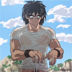  1boy artist_name black_eyes black_hair black_wristband blue_sky blurry blurry_background bottomless broly_(dragon_ball_super) cloud commentary covered_pectorals cross_scar dark-skinned_male dark_skin dragon_ball dragon_ball_super dragon_ball_super_broly kimmanko looking_down lowres male_focus medium_hair muscular muscular_male pubic_hair scar scar_on_arm scar_on_cheek scar_on_chest scar_on_face see-through see-through_shirt shirt short_sleeves sky solo upper_body wet wet_clothes wet_shirt white_shirt 