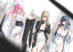  3girls alternate_costume black_coat black_corset black_pants blue_archive blue_hair blurry blurry_background blush breasts brown_halo cleavage closed_eyes coat commentary corset cutout_above_navel depth_of_field detached_sleeves dress feathered_wings halo hands_up highres holding_pants large_breasts leviathan_(hikinito0902) light_brown_hair long_hair looking_at_object low_wings mika_(blue_archive) multiple_girls nagisa_(blue_archive) open_clothes open_coat open_mouth pants pantyhose pink_hair pink_halo saori_(blue_archive) saori_(dress)_(blue_archive) side_slit sleeves_past_fingers sleeves_past_wrists smile strapless strapless_dress torn_clothes torn_dress unworn_pants white_dress white_pantyhose white_sleeves white_wings wings yellow_eyes 