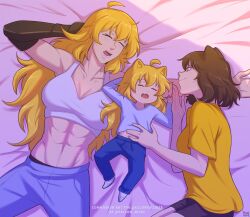  3girls abs ahoge animal_ears baby bed black_hair blake_belladonna blonde_hair breasts cat_ears commission crop_top hair_between_eyes highres mechanical_arms midriff multiple_girls muscular muscular_female navel open_mouth original pants rwby shirt short_hair signature single_mechanical_arm sleeping twitter_username yang_xiao_long yellow_eyes yellow_nicky yellow_shirt 