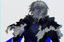  1boy armor arms_out_of_frame black_armor black_fur blood blood_on_armor blood_on_face blue_blood blue_cape blue_eyes breastplate cape commentary dimitri_alexandre_blaiddyd eyepatch fire_emblem fire_emblem:_three_houses fur-trimmed_cape fur_trim glowing glowing_eyes hair_behind_ear hair_between_eyes hashtag-only_commentary looking_ahead male_focus one_eye_covered parted_lips profile sb_(sbixinsky) simple_background solo teeth upper_body white_background white_fur 