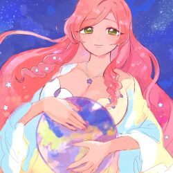  breasts cleavage dress earth_(planet) female flower flower_in_eye flower_necklace green_eyes hair_flower hair_ornament hanazono_hahari highres hugging_object kimi_no_koto_ga_dai_dai_dai_dai_daisuki_na_100-nin_no_kanojo large_breasts light_blush light_smile long_hair oyomidtarumi pink_hair pink_nails planet solo space star_(sky) symbol_in_eye upper_body white_dress 