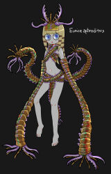  absurdres animal_hands antennae arthropod_girl arthropod_limbs barefoot black_background blonde_hair blue_eyes bobbit_worm female full_body highres long_hair looking_at_viewer monster_girl nicoq_(koikoihaihai) original personification simple_background solo 