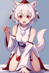  animal_ears breasts chunjiu detached_sleeves female hat highres inubashiri_momiji looking_at_viewer open_mouth red_eyes short_hair solo tail thighs tokin_hat touhou white_hair wolf_ears wolf_girl wolf_tail 