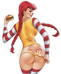  ass ass_tattoo blue_eyes braid breasts burger elias_chatzoudis female food highres holding holding_burger holding_food large_breasts long_hair looking_at_viewer looking_back mcdonald&#039;s panties red_hair red_lips red_sleeves red_thighhighs scar scar_across_eye shirt signature simple_background solo striped_clothes striped_sleeves striped_thighhighs thighhighs twin_braids two-tone_sleeves two-tone_thighhighs underwear white_background white_sleeves white_thighhighs yellow_panties yellow_shirt 