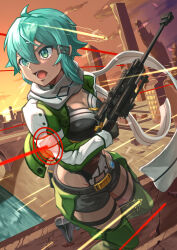  absurdres anti-materiel_rifle aqua_eyes aqua_hair black_footwear black_gloves black_leotard black_shorts bolt_action breasts building chaps cleavage cloud commentary_request female fingerless_gloves gloves green_jacket gun hair_between_eyes hair_ornament hairclip highres holding holding_gun holding_weapon jacket leotard long_sleeves lower_teeth_only medium_breasts open_clothes open_jacket open_mouth orange_sky outdoors pgm_hecate_ii projectile_trail pyuuki109 rifle rooftop ruins scarf short_hair short_hair_with_long_locks short_shorts shorts sidelocks sinon skindentation sky skyscraper sniper_rifle solo standing standing_on_one_leg sunset sword_art_online teeth thigh_strap trigger_discipline two-tone_leotard weapon white_leotard white_scarf 