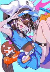  bare_shoulders black_hair blue_shirt blue_skirt breasts brown_eyes brown_one-piece_swimsuit character_doll crop_top endo_(takolegs) fate/grand_order fate_(series) female hair_over_one_eye hat highres looking_at_viewer miniskirt mole mole_under_eye one-piece_swimsuit open_mouth shirt short_hair skirt sleeveless sleeveless_shirt small_breasts smile solo swimsuit swimsuit_under_clothes thigh_strap thighs white_hat wristband xu_fu_(fate) xu_fu_(swimsuit)_(fate) yin_yang yin_yang_print yu_mei-ren_(fate) 