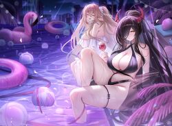  2girls ^_^ absurdres anchorage_(azur_lane) anchorage_(oath_of_sunsets_and_fireworks)_(azur_lane) azur_lane bare_shoulders black_hair black_one-piece_swimsuit breasts cleavage closed_eyes commentary_request cup demon_girl demon_horns dress drinking_glass friedrich_der_grosse_(azur_lane) friedrich_der_grosse_(one_summer_night&#039;s_intimacy)_(azur_lane) halterneck highres holding holding_cup horns huge_breasts inflatable_flamingo light_brown_hair long_hair looking_at_viewer multiple_girls multiple_views night off-shoulder_dress off_shoulder official_alternate_costume one-piece_swimsuit open_mouth pink_innertube ponytail poolside red_horns smile swimsuit tansuan_(ensj3875) two_side_up very_long_hair white_dress 