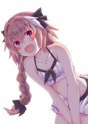  1boy arms_between_legs astolfo_(fate) bikini black_bow blush bow braid cowboy_shot fate/apocrypha fate_(series) frilled_bikini frills hair_intakes hairbow highres leaning_forward long_hair male_focus multicolored_hair oerba_yun_fang open_mouth otoko_no_ko pink_hair purple_eyes simple_background single_braid skin_fang smile solo streaked_hair swimsuit two-tone_hair white_background white_bikini white_hair yi_yu_ruanruo 